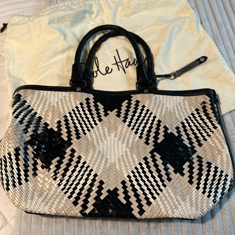 COLE HAAN Genevieve Woven Weave Black & White Tote Shoulder Bag Braided Handles